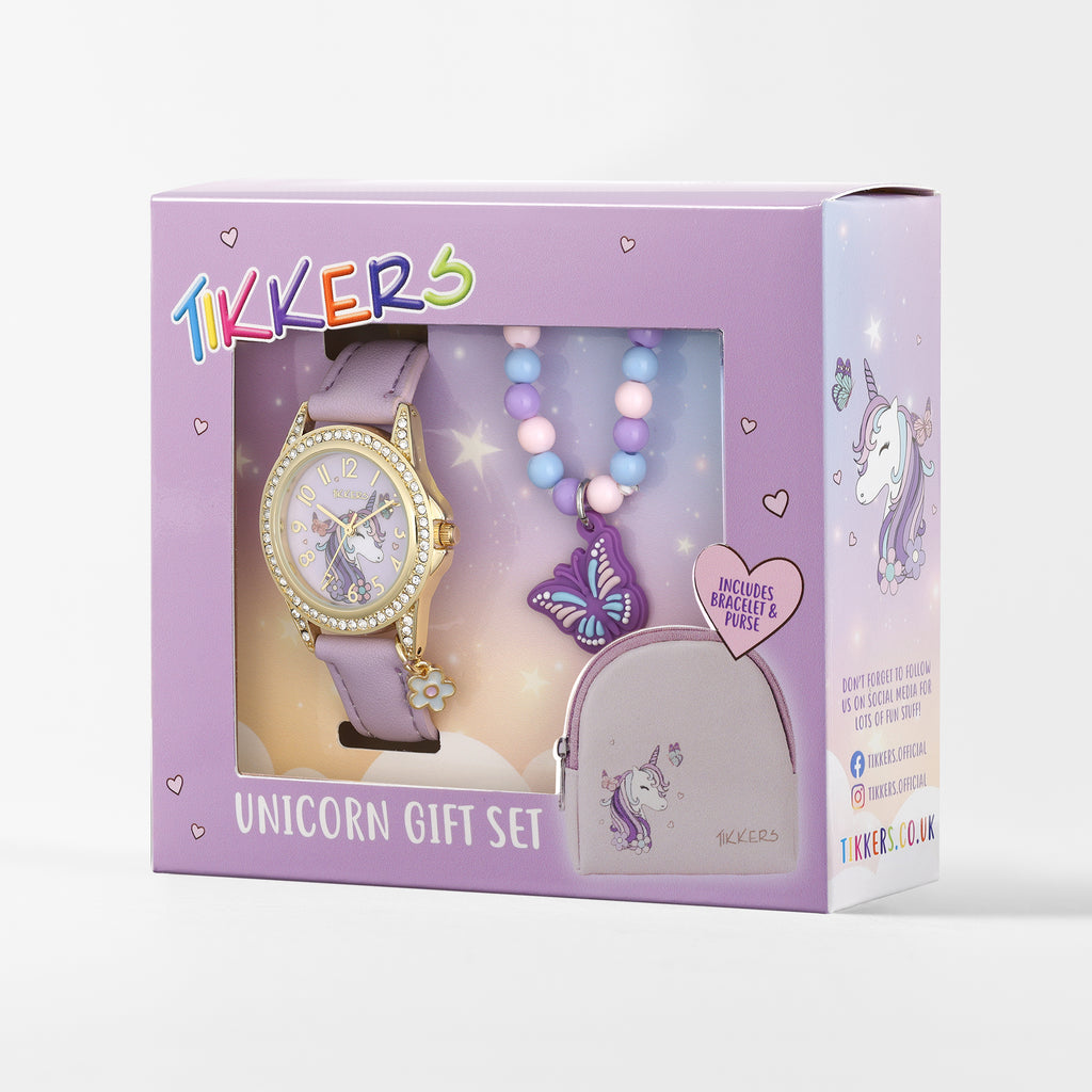 Tikkers Girls Purple Unicorn and Butterfly Watch, Bracelet and Purse Gift Set Watch and Jewellery Set Tikkers   